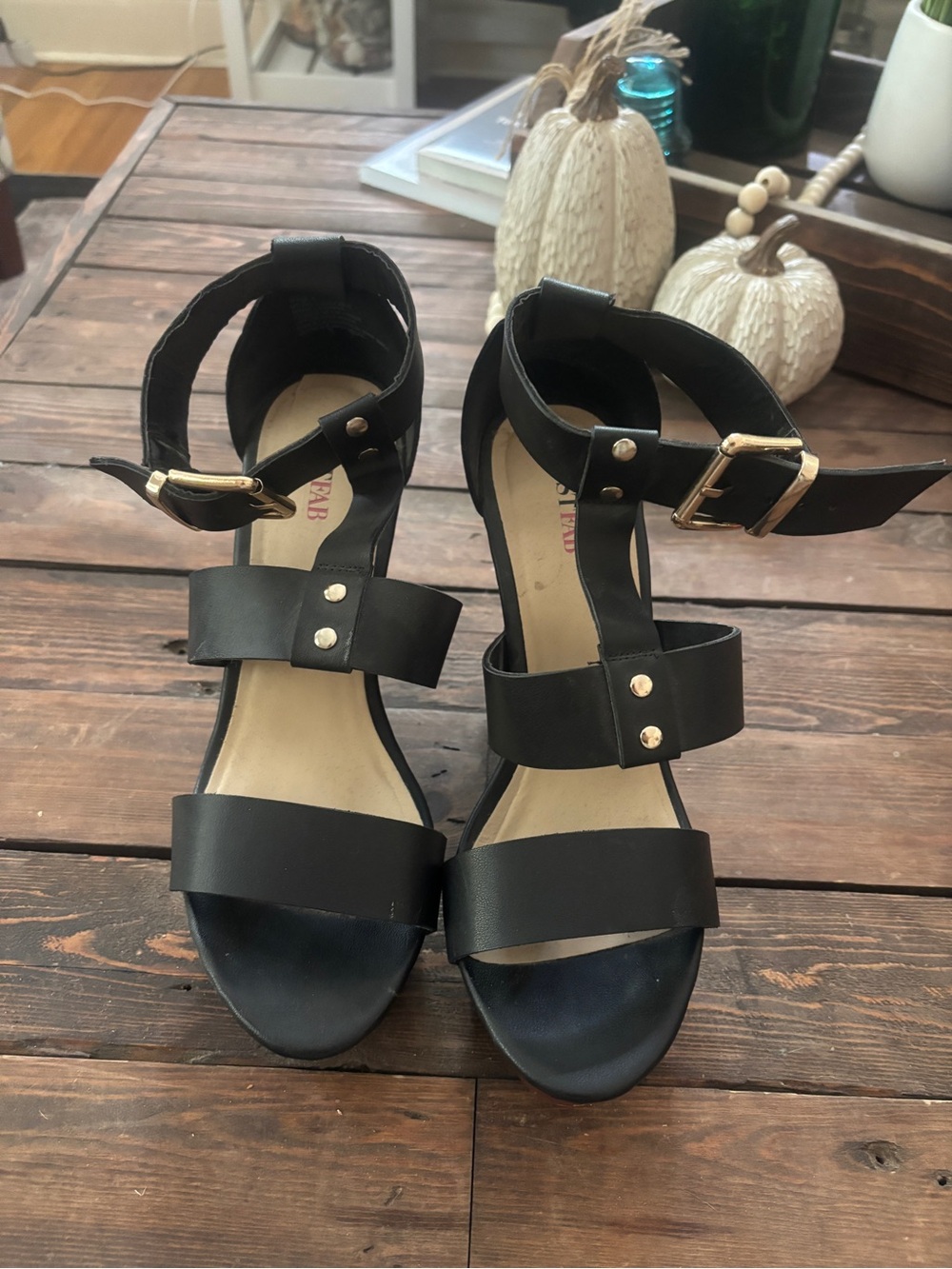 JustFab Black Strappy Wedge Sandals with Wood-Tone Platform